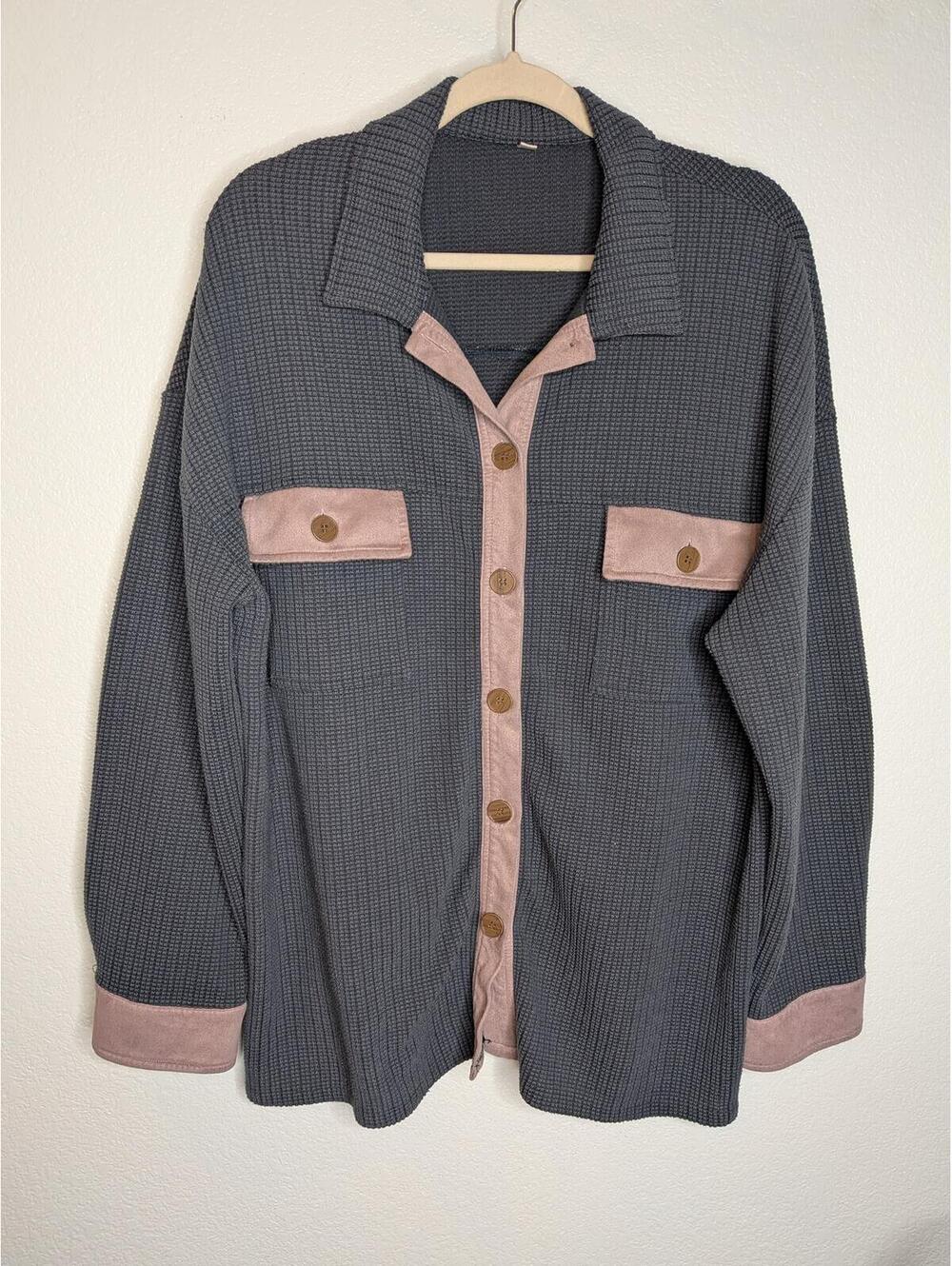 Women's Waffle Knit Shacket Gray Pink Button Front Overshirt XL